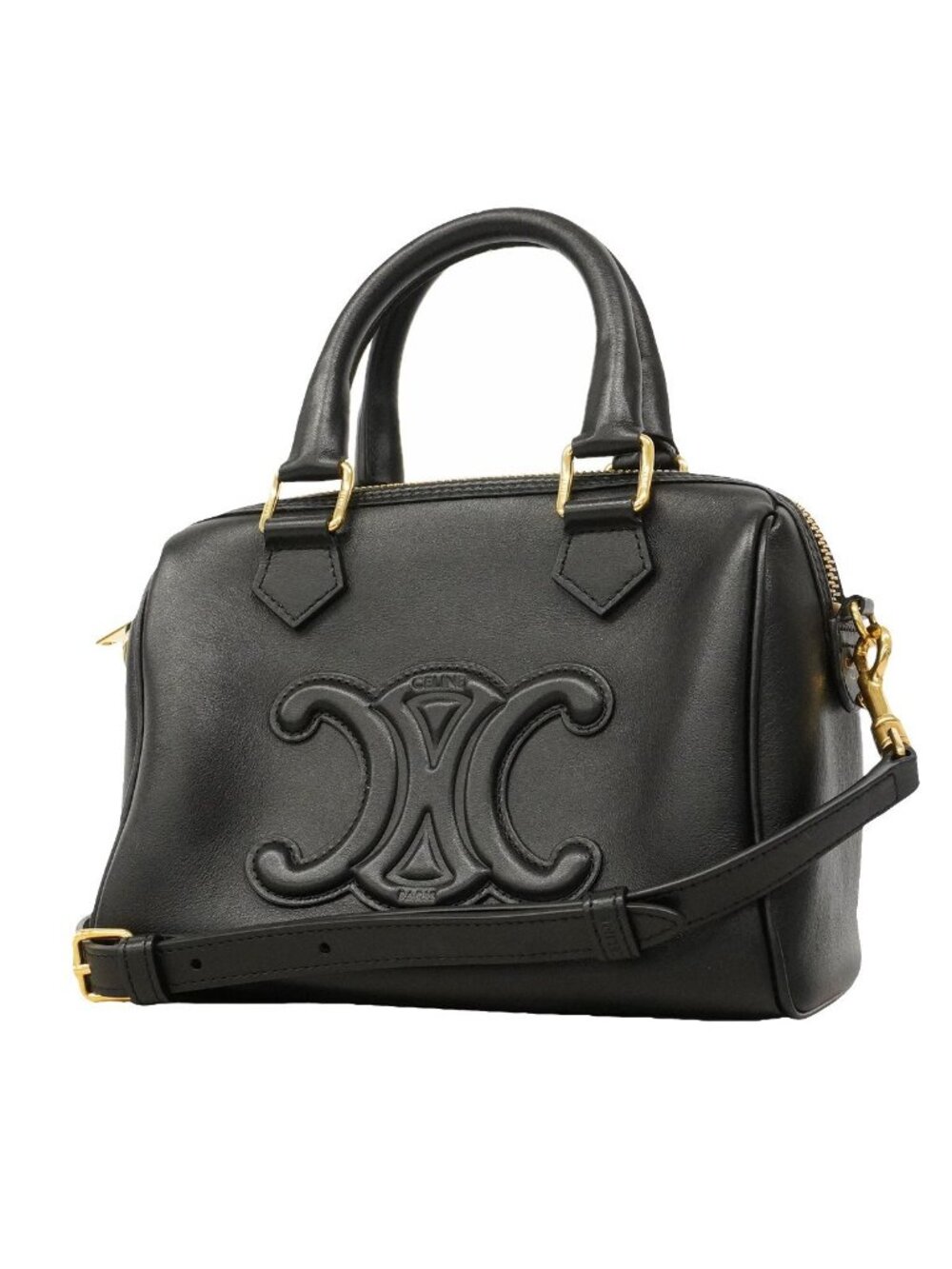 Celine Handbag Triomphe Leather Black Gold 2-Way Bag